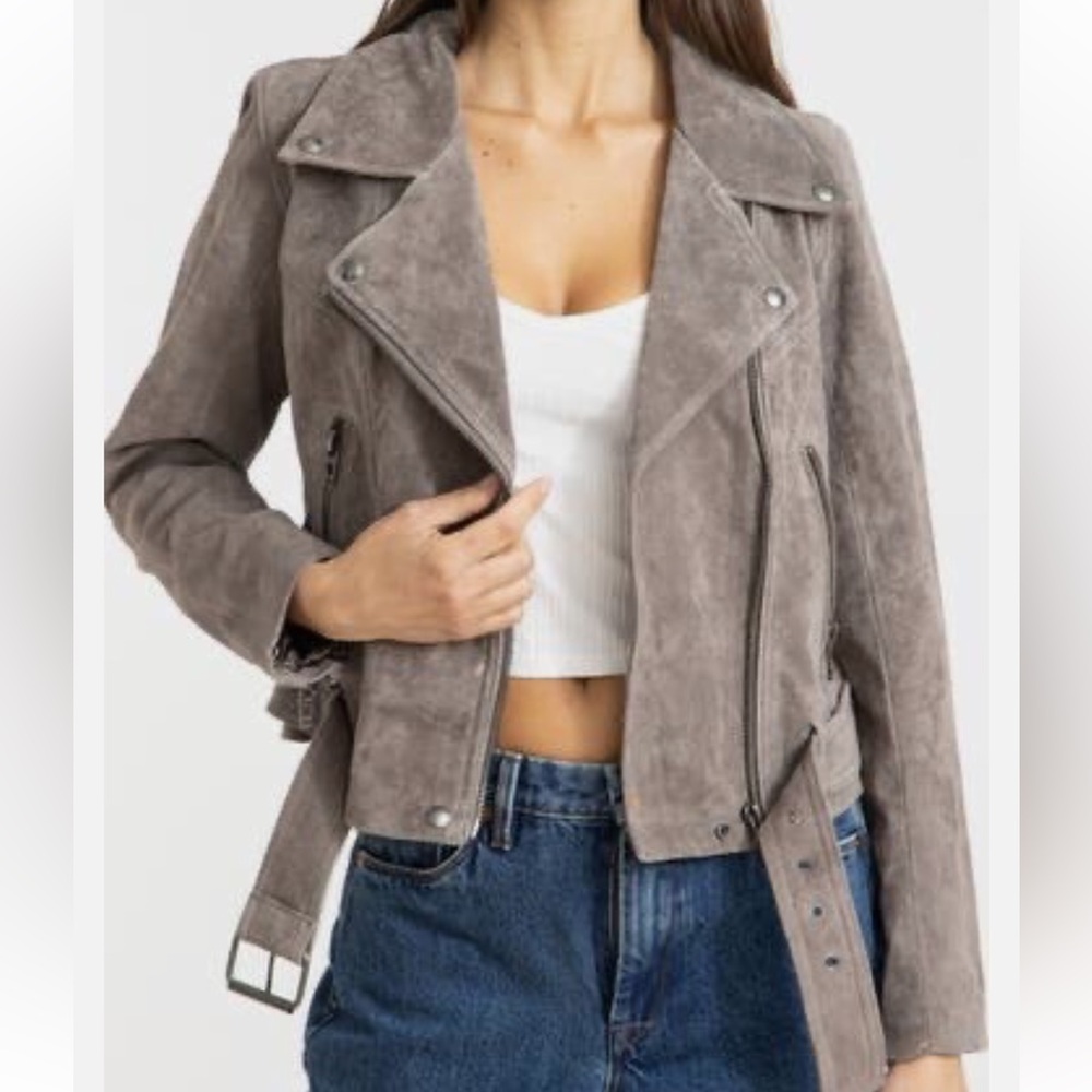 Blank NYC Gray Suede Leather Moto Jacket with Belt